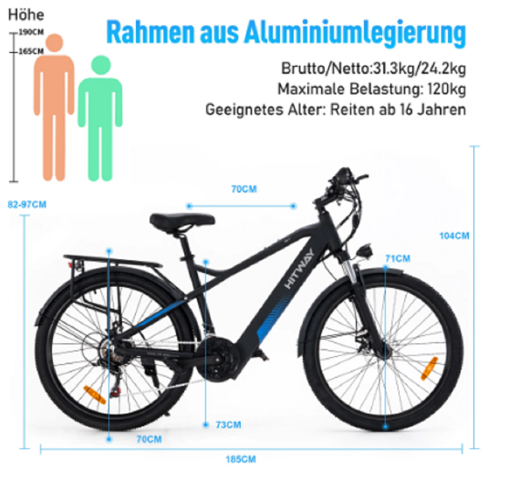 26 Zoll E Bike Herren/Damen, Elektrofahrrad, – Bild 6