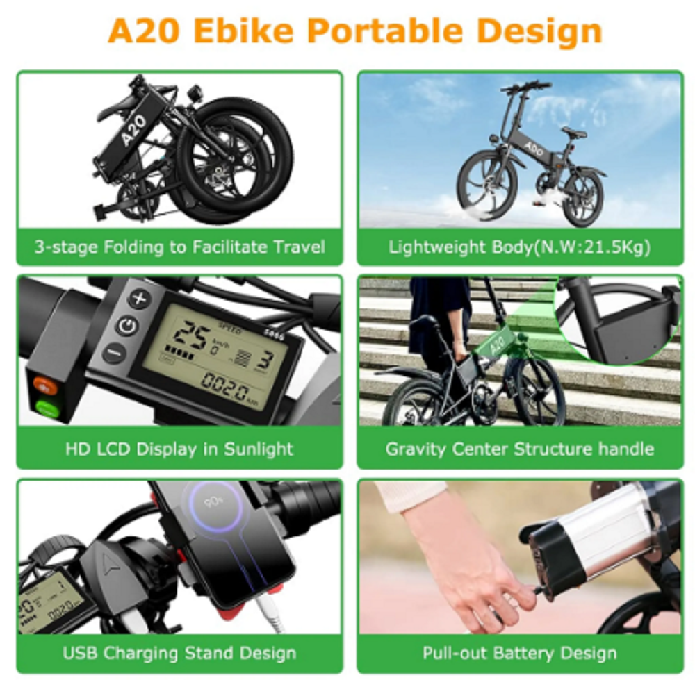 ADO A20+, 1.3 logo Version, 250W Faltbares Ebike – Bild 4